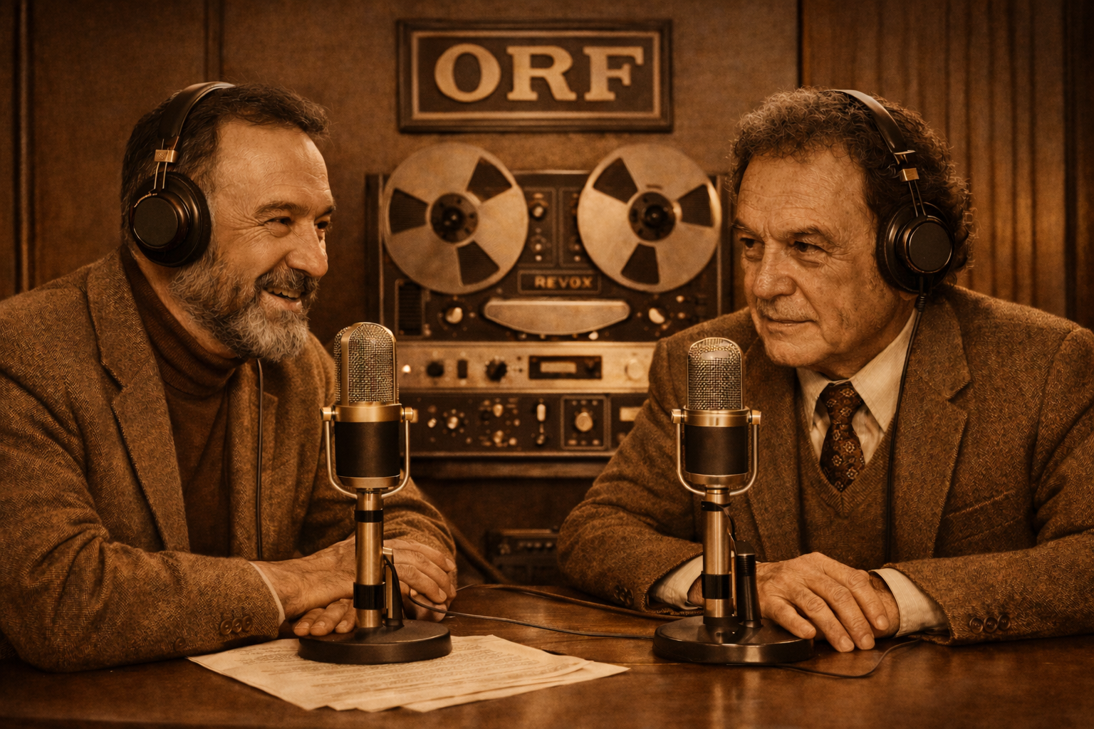 Historisches Radiostudio mit zwei Sprechern vor Mikrofonen und großem Spulentonbandgerät im Hintergrund